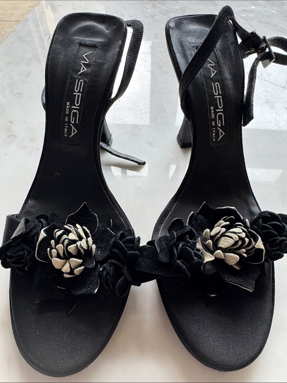 Via Spiga Black Satin Floral-Appliqué Slingback Heels